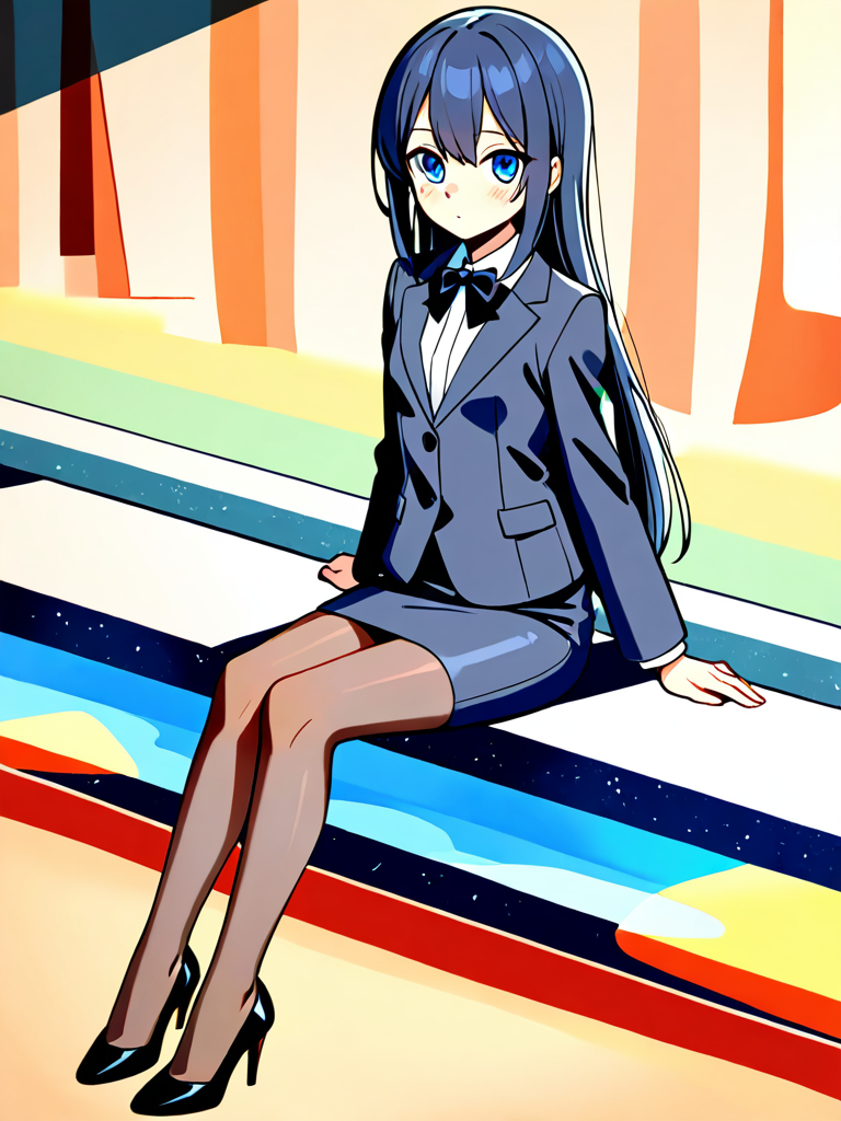 Halies standing in a quiet covered shopping street in Tsurumi, dark navy office attire, soft morning light